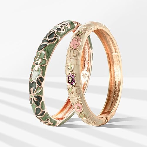 Miniatura 2 de UJOY Vintage Cloisonne Pulseras Flor Esmaltada Joyería Chapado Oro Brazalete Brazalete para Mujer Caja de Regalo 55A35