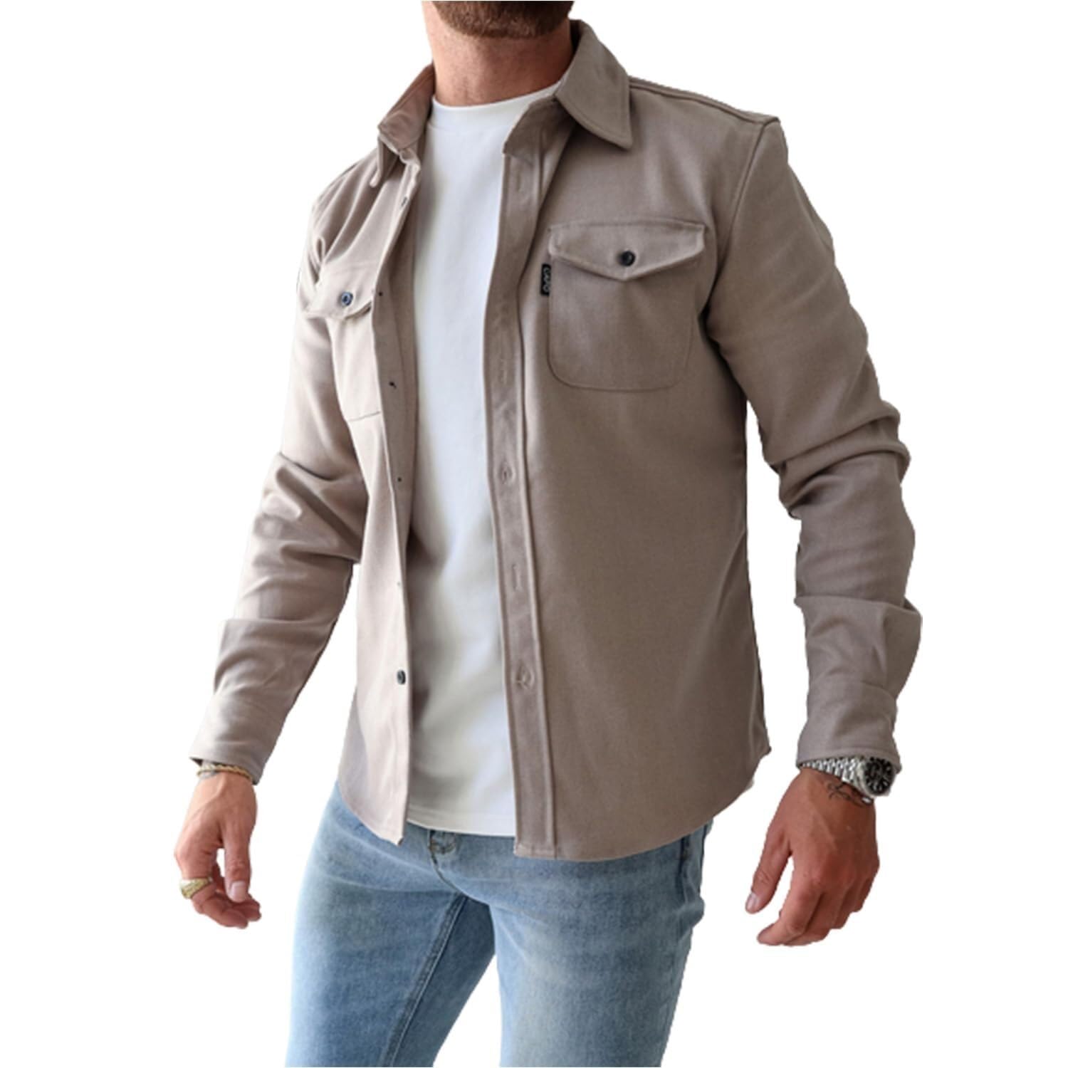 Men's B Button Down Shirt Jacket Casual Stylish Shirt Jackets(Apricot,S)