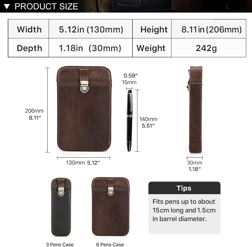 CONTACTS Full Grain Leather 6 Slot Pen Case Fountain Pens Holder Travel Pencil Case by Handmade Vintage Tray Design with Push Lock