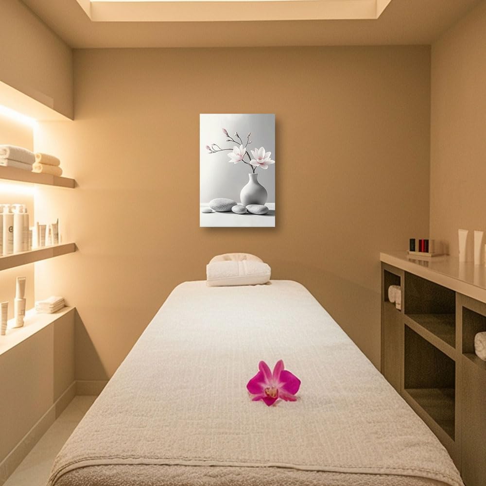 CCWACPP Zen Wall Art Magnolia Canvas Print Zen Stone Pictures Spa Painting Poster Meditation Spirit Bathroom Yoga Room Office Decor Framed (12.00" x 18.00")