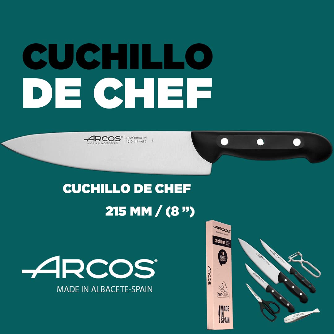 Arcos Juego Cuchillos Cocina cuchillos | Cuchillo profesional | 6 piezas | Chef 215 mm + Cocina 150 mm, Verduras 100 mm + Tijera cocina + Pelador de fruta y verdura + Pinza para pescado