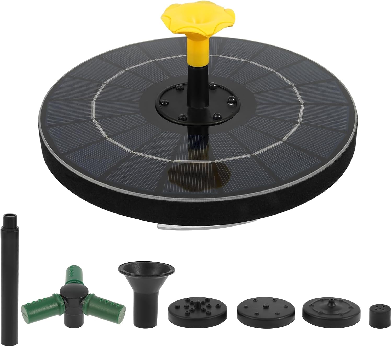 Close-up view of the solar fountain pump and its accessories laid out.