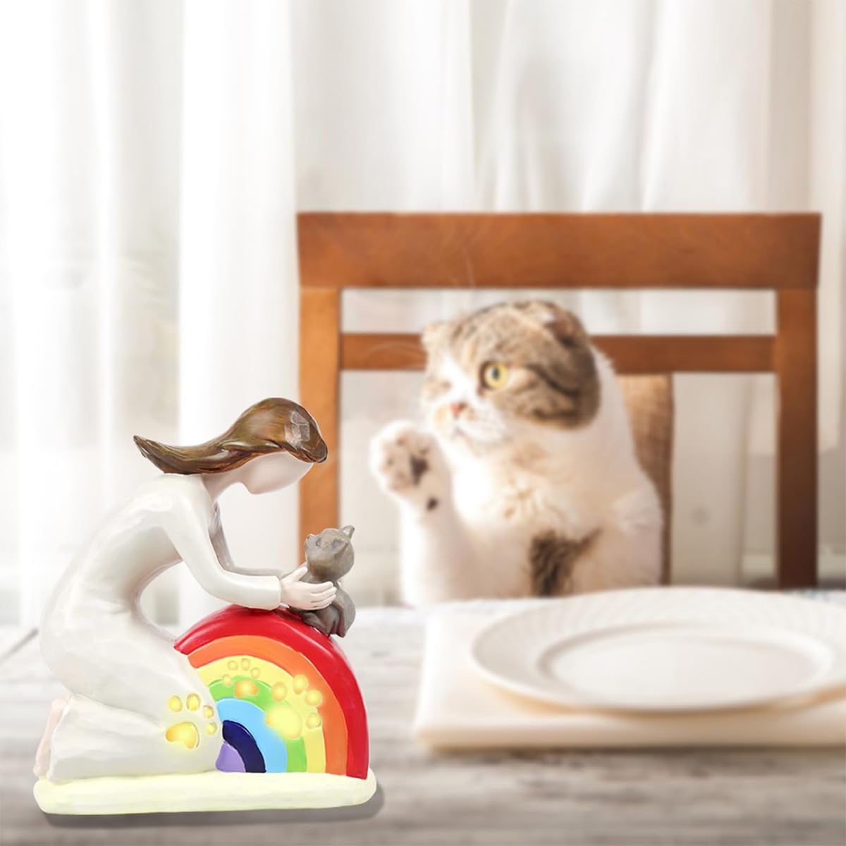 Nicear Rainbow Bridge Cat Memorial Gift with - Handcrafted Resin Statue Of Girl Hugging Cat for Pet Loss Sympathy - Image 4