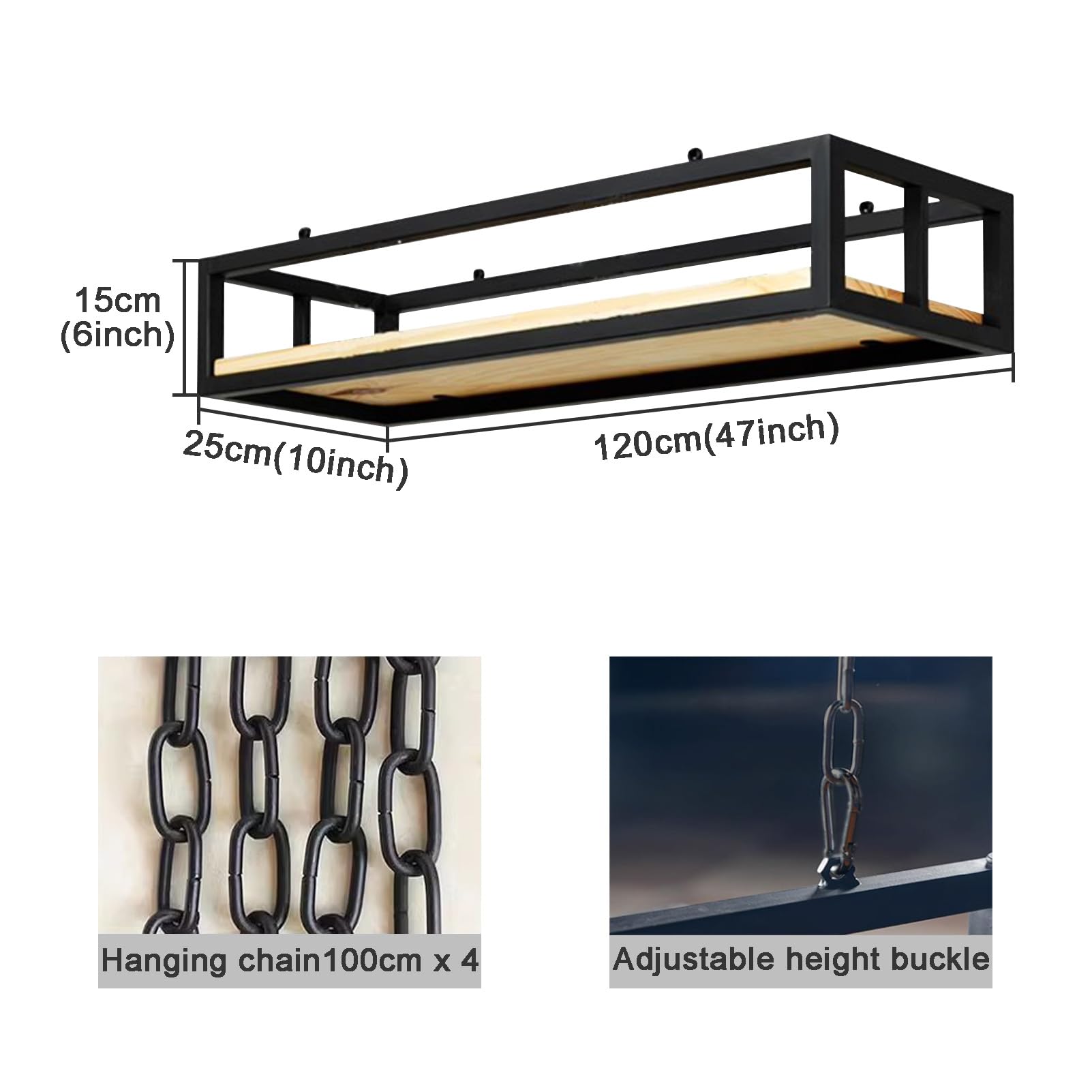 Regał na rośliny do użytku wewnątrz i na zewnątrz, wiszący stojak sufitowy z łańcuszkiem, metalowy i drewniany, czarny, 120 cm, stylowe wsparcie do dekoracji domu, ogrodu, wszechstronna półka