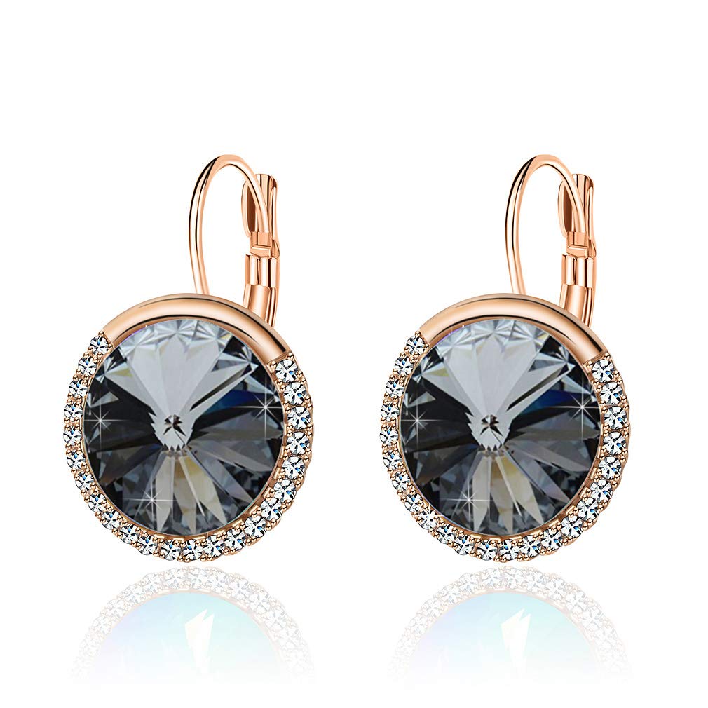 Round Austrian Crystal Halo Drop Leverback Earrings for Women 14K Gold Plated Hypoallergenic Earrings