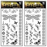 Tattoos 2 Sheets Butterfly dragonfly Vine Fantasy Henna Temporary Tattoo Body Art Stickers Waterproof Tattoos Fake Removable for Kid Teens Men Women