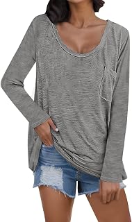 Yusealia Women's Classic-Fit Long-Sleeve Button-Down Poplin Shirt Ladies Summer Fall Casual T Shirt Basic Loose Fit Long Sleeve Crewneck Top T Shirt for Women