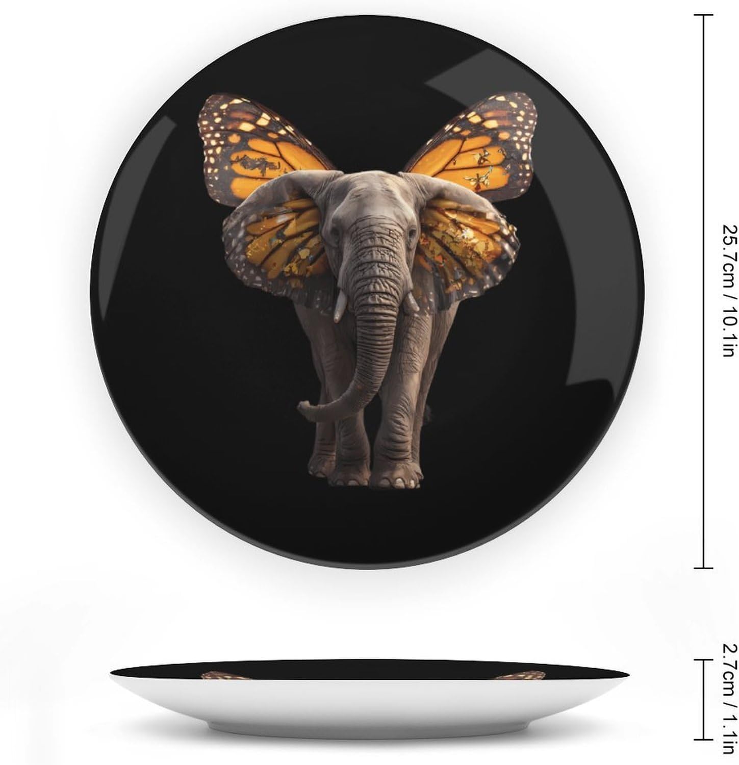 Elephant with Monarch Butterfly Wings Printed Decorative Plate with Display Stand Handmade Ceramic Ornament Hanging Wall Decor for Foyer Home Office