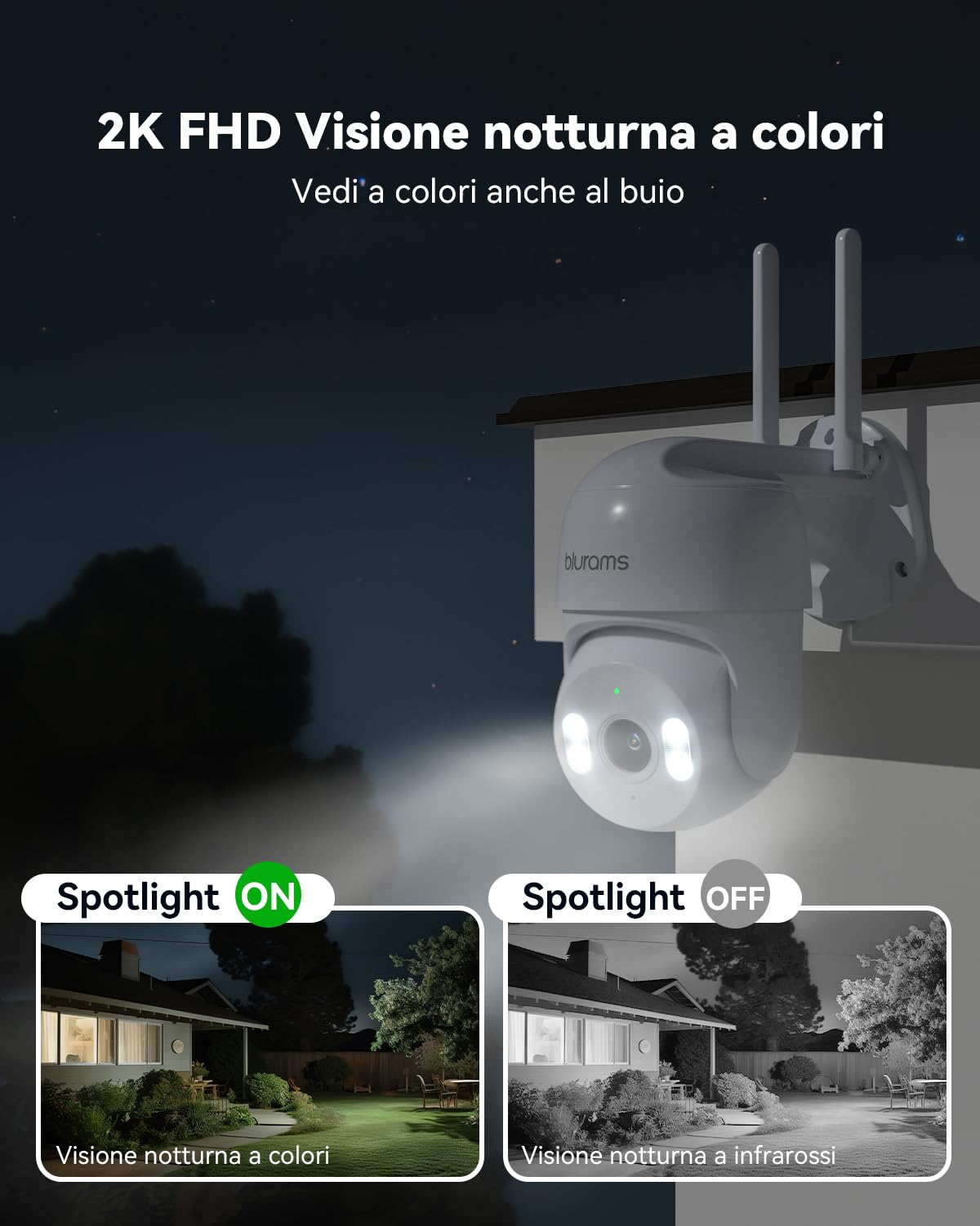 blurams 2K Telecamera Wi-Fi Esterno Interno - 360° PTZ Videocamera Sorveglianza con Visione Notturna a Colori, 5GHz WiFi, Rilevamento Movimento, Audio Bidirezionale, IP66 Impermeabile