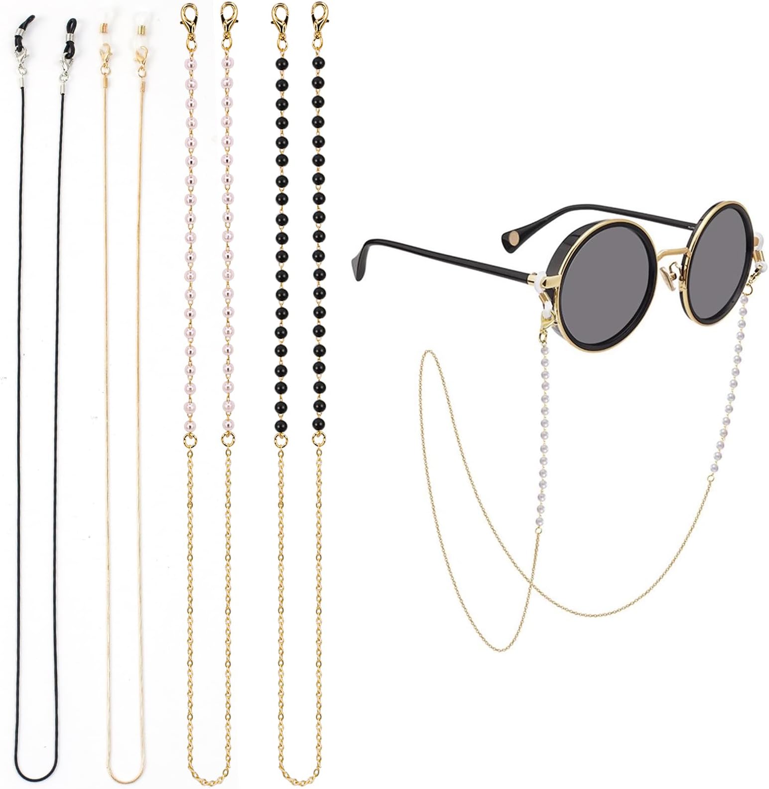 4 PCS Glasses Chains, Beaded Eyeglass Chains Spectacle Chain Sunglasses Chain Reading Glasses Gold Glasses Chain Bead Glasses Strap Chains Eyewear Chain for Glasses Women with Anti-Skid Ear Hooks,