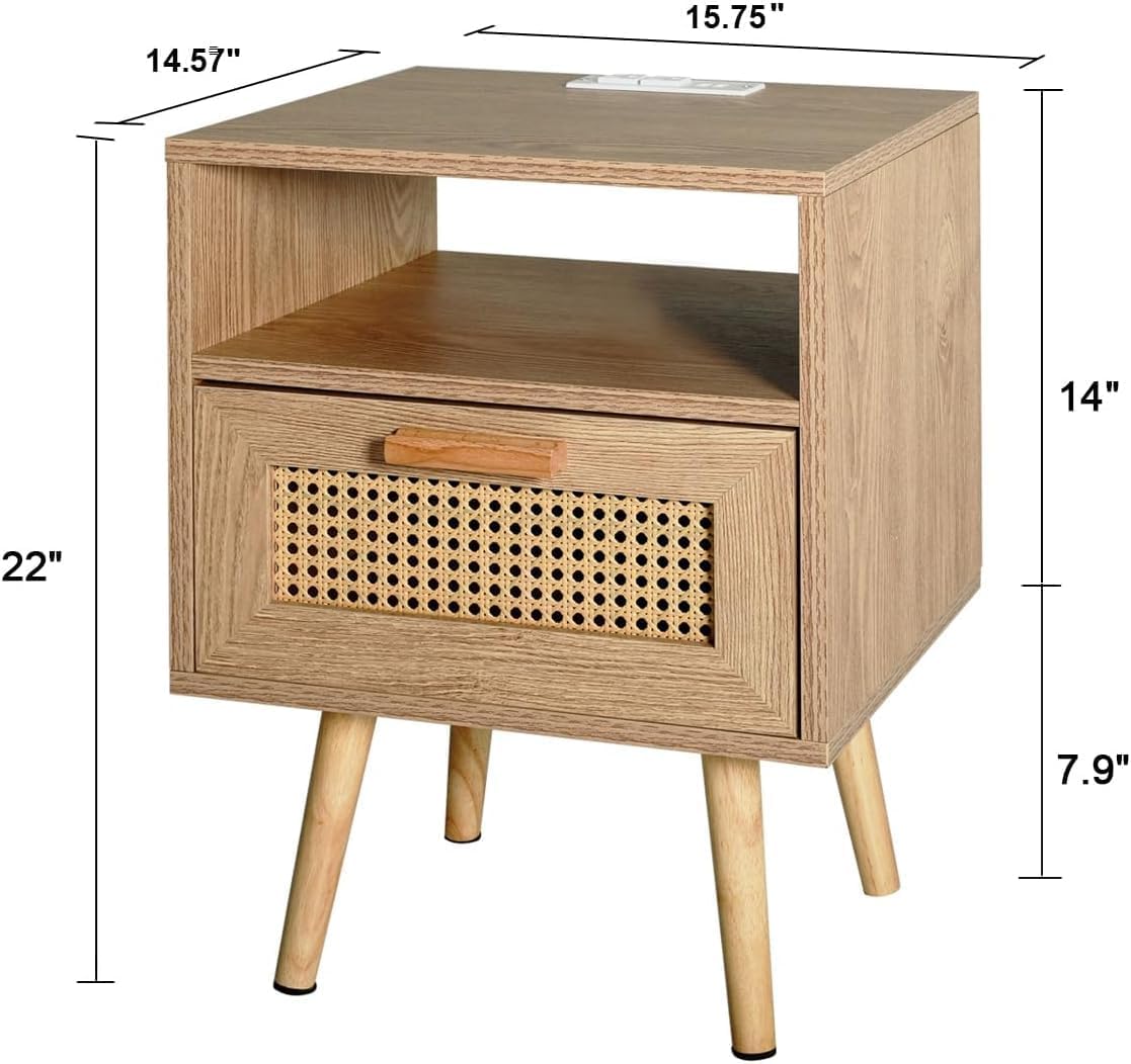 RANK Nightstands Side Table Rattan Nightstand with Drawer Storage for Living Room, Bedroom image 3