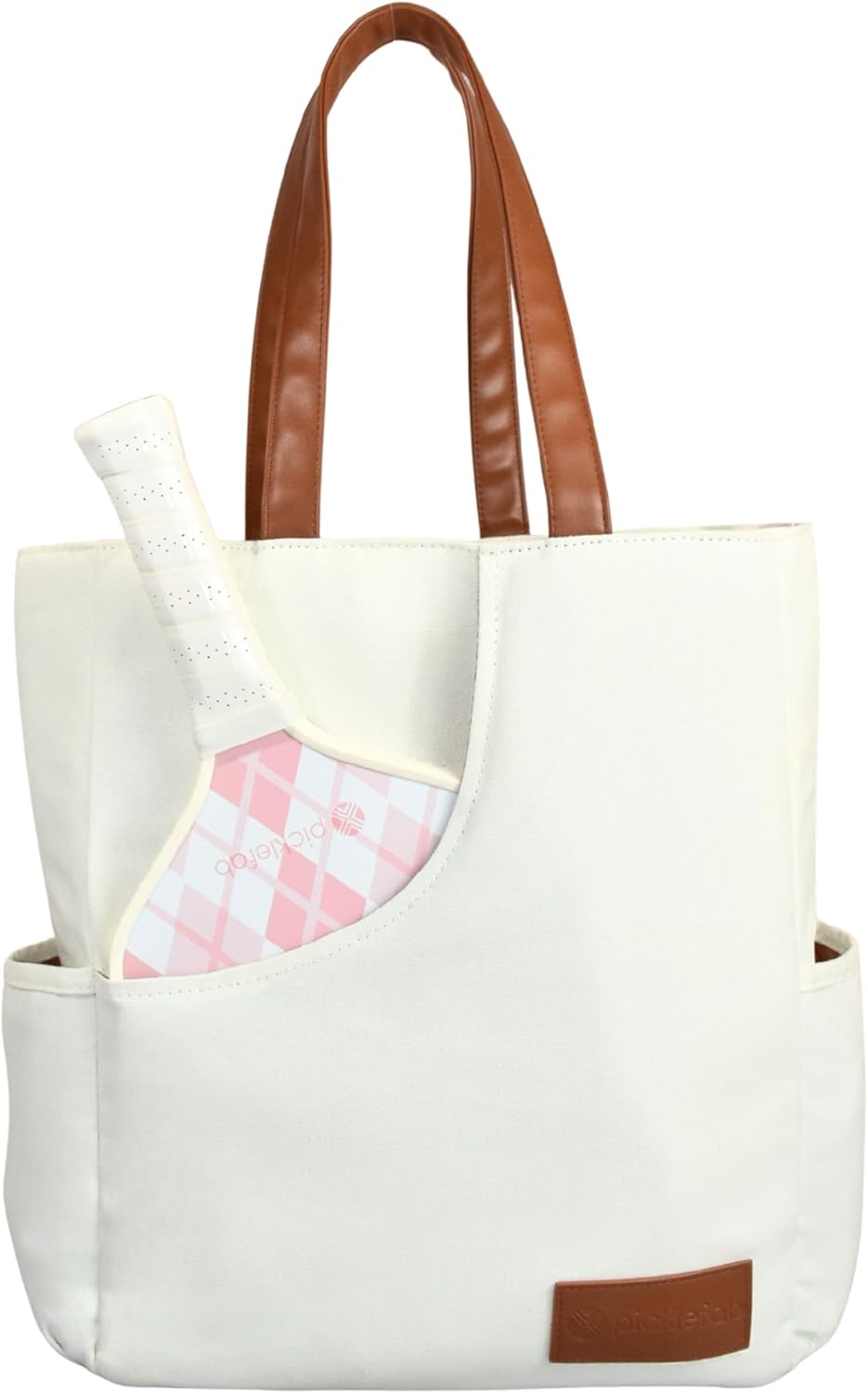 Designer Pickleball Bags for Women | Canvas & Vegan Leather Pickle Ball Tote Bag with Cover Pockets for 4 Paddles | 12"x14"x5.5" Medium Tote Bag with Paddle Pocket & Fence Hook