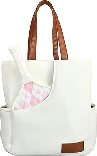 Designer Pickleball Bags for Women | Canvas & Vegan Leather Pickle Ball Tote Bag with Cover Pockets for 4 Paddles | 12"x14"x5.5" Medium Tote Bag with Paddle Pocket & Fence Hook