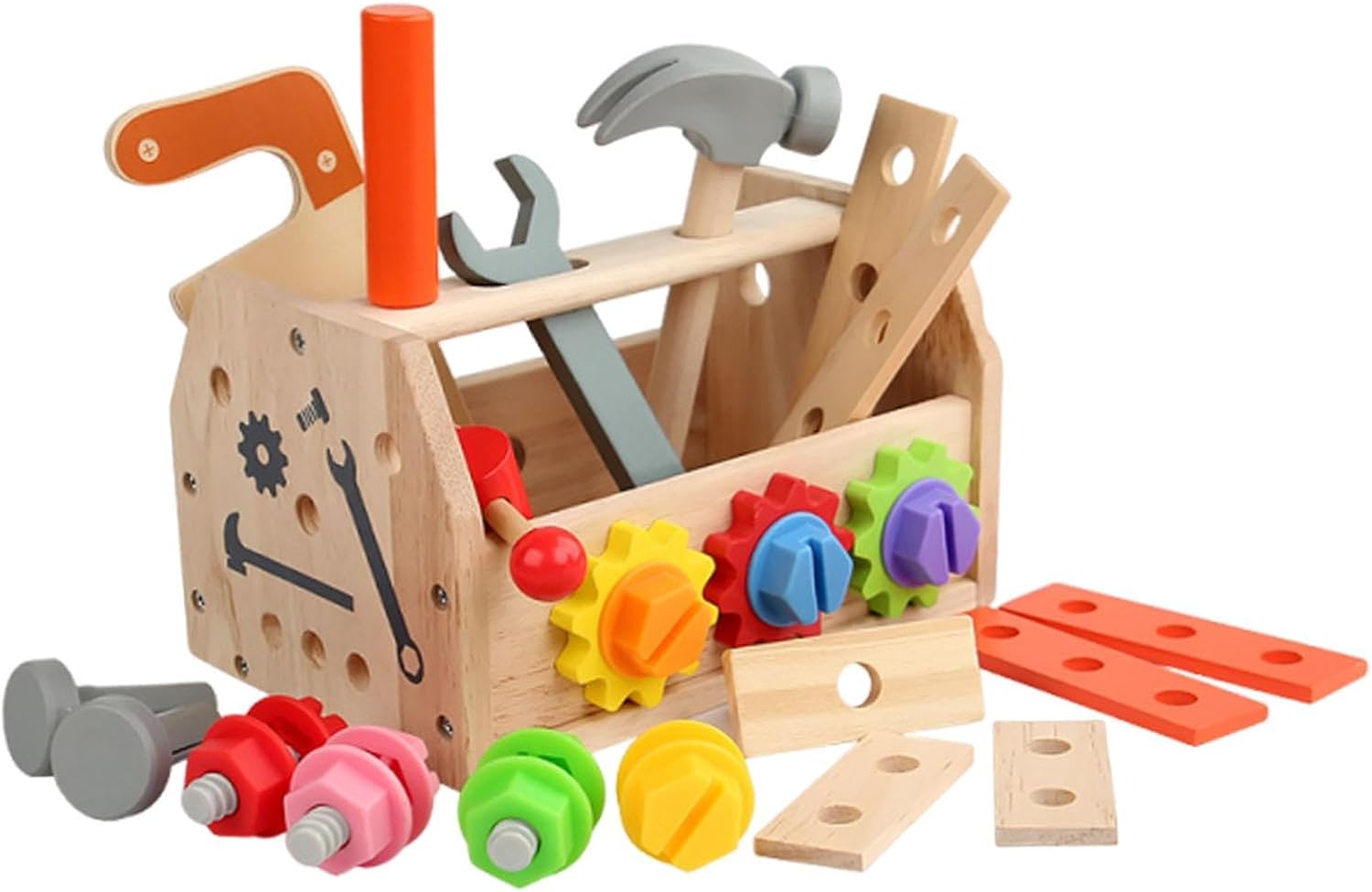 Menolana Wooden Tool with Box Wooden Construction Toy Pretend Play Tool for 2 3 4 5 6 Year Old Preschool Boys Girls Gifts