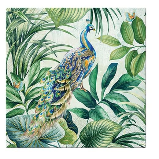 Keep Unique 20-ct 13x13 Animal Birds Paper Peacock Luncheon Decoupage Napkins, 3-Ply Servilletas Printed Peacock Cocktail Napkin for Art, Dinner and Party, Disposable Napkins Decorative