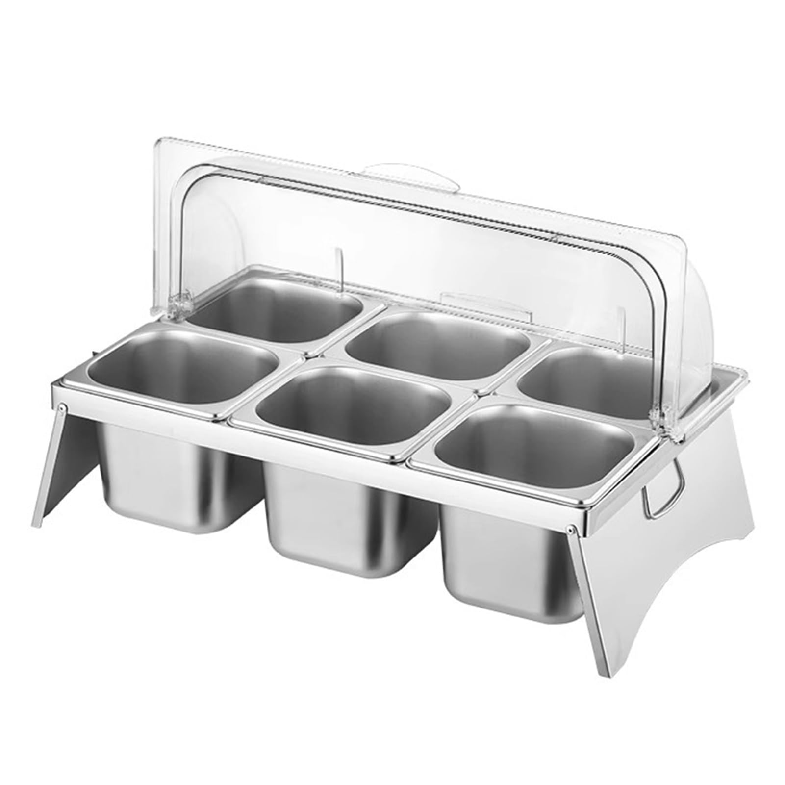 Prettiee Food Display Serving Container 1 6 Compartment Condiment Dispenser Buffet Serving Tray Clear Roll Top Lid Griddle with Grid (Silver 15 cm/6 grid)