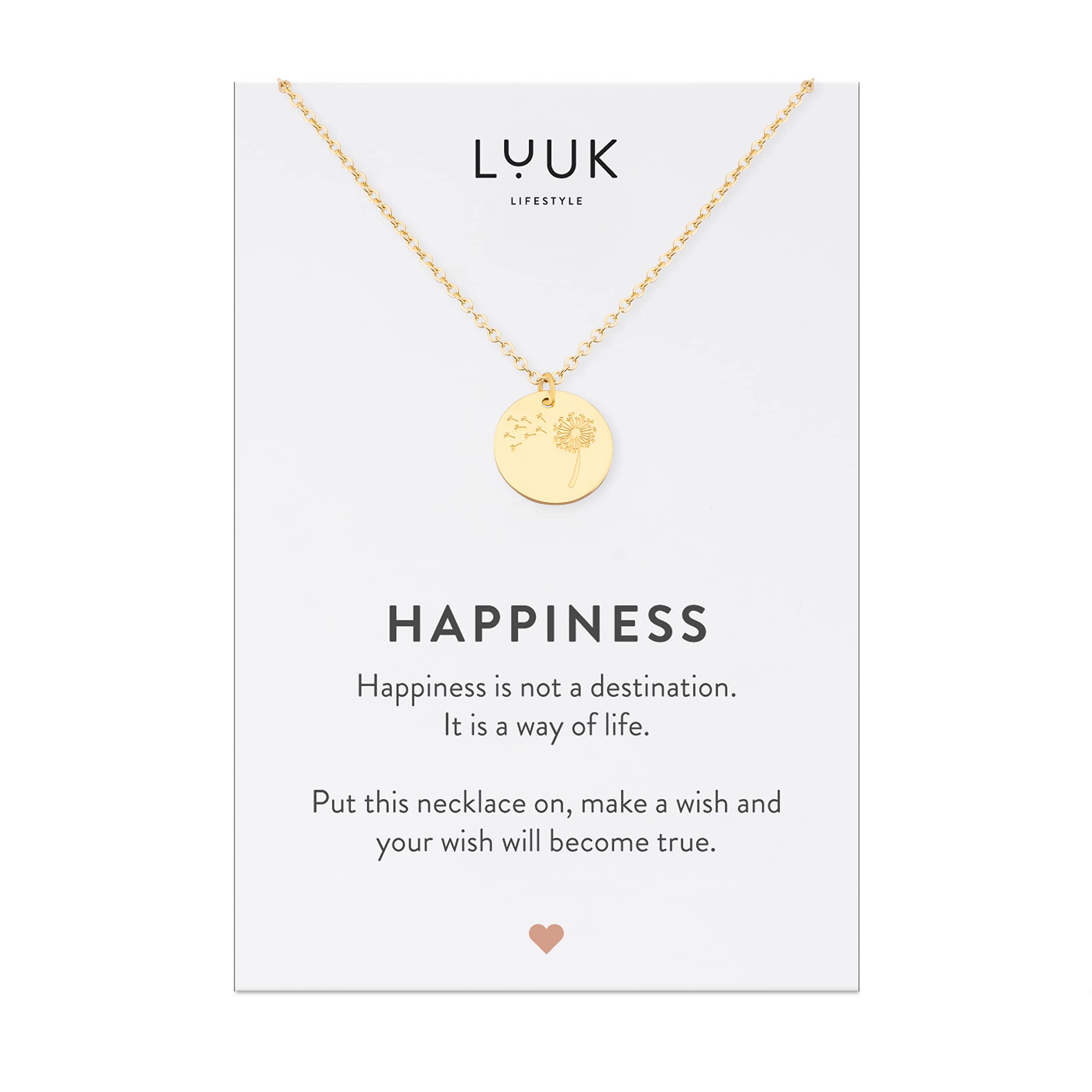 LUUK LIFESTYLEStainless steel necklace with pendant and HAPPINESS card, 20” adjustable length, lucky charm, friendship chain, Valentine's Day gift, birthday, women's jewelry, silver, gold, rosegold