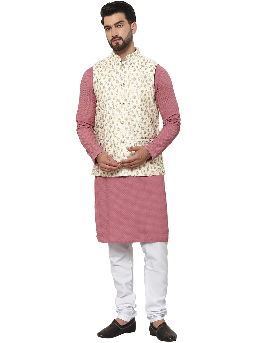 Sojanya (Since 1958 Men's Pure Cotton Coral Kurta And White Pyjama With Cream Embroidered Nehru Jacket