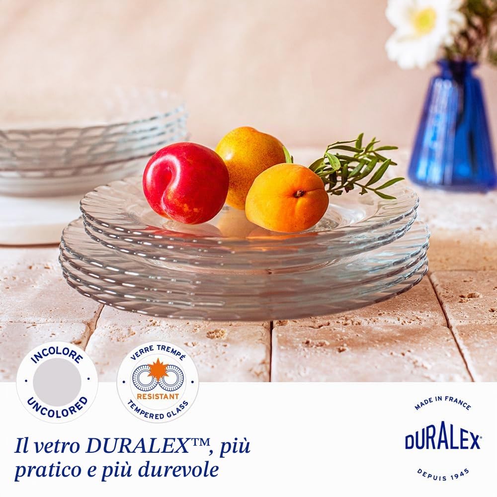 Duralex® Collection Le Picardie® - Piatto ondulato in vetro, 23 cl, zuppa da 23 cl e dessert da 20,5 cm, antigraffio, lavabile in lavastoviglie, adatto al microonde, prodotto in Francia (trasparente,