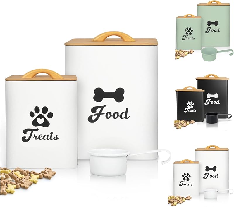 Potes Herméticos para Armazenar Ração e Petiscos de Cães e Gatos Dekosilave com Tampas de Bambu, Branco, Pacote com 2