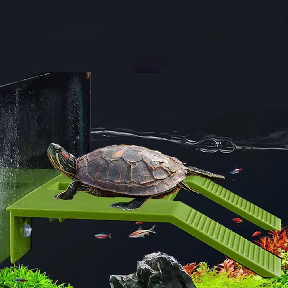 Turtle Basking Platform with Suction Cup, Tortoise Climbing Platform, Aquarium Turtles Tank Decorations, Simulation Tortoise Climbing Ramp Ladder Resting Terrace Green Large