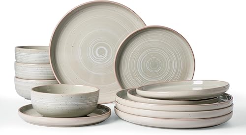 Famiware Meteor Plates and Bowls Sets for 4, 12 Pieces Dinnerware Sets, Microwave and Dishwasher Safe Dishes Set, Matcha Green Verde Matcha,Gris