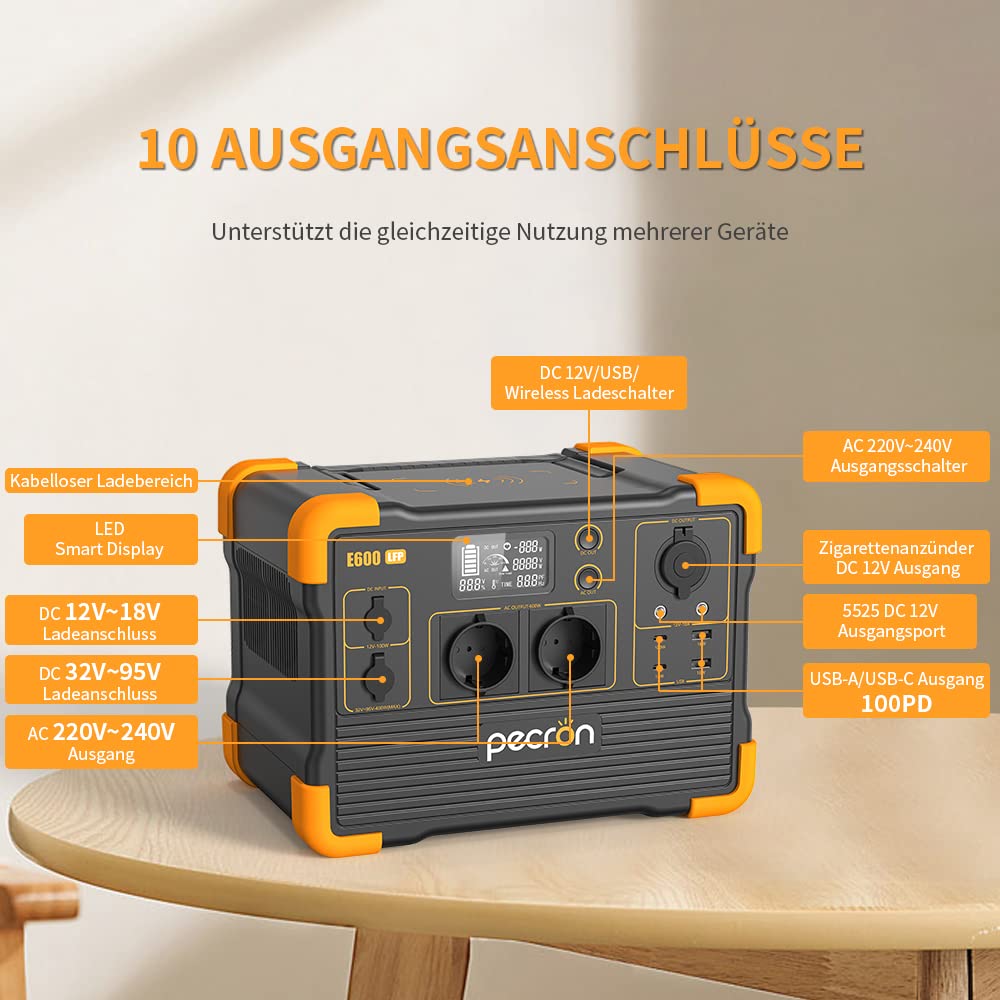 PECRON Generateur Electrique Portable 1200W, LiFePO4 Batterie de Secours 614Wh, EU Prise 220-240V, MPPT (máximo 300W),Chargeur sans fil 15W,Générateur Électrique Solaire pour Camping/Maison/Voiture