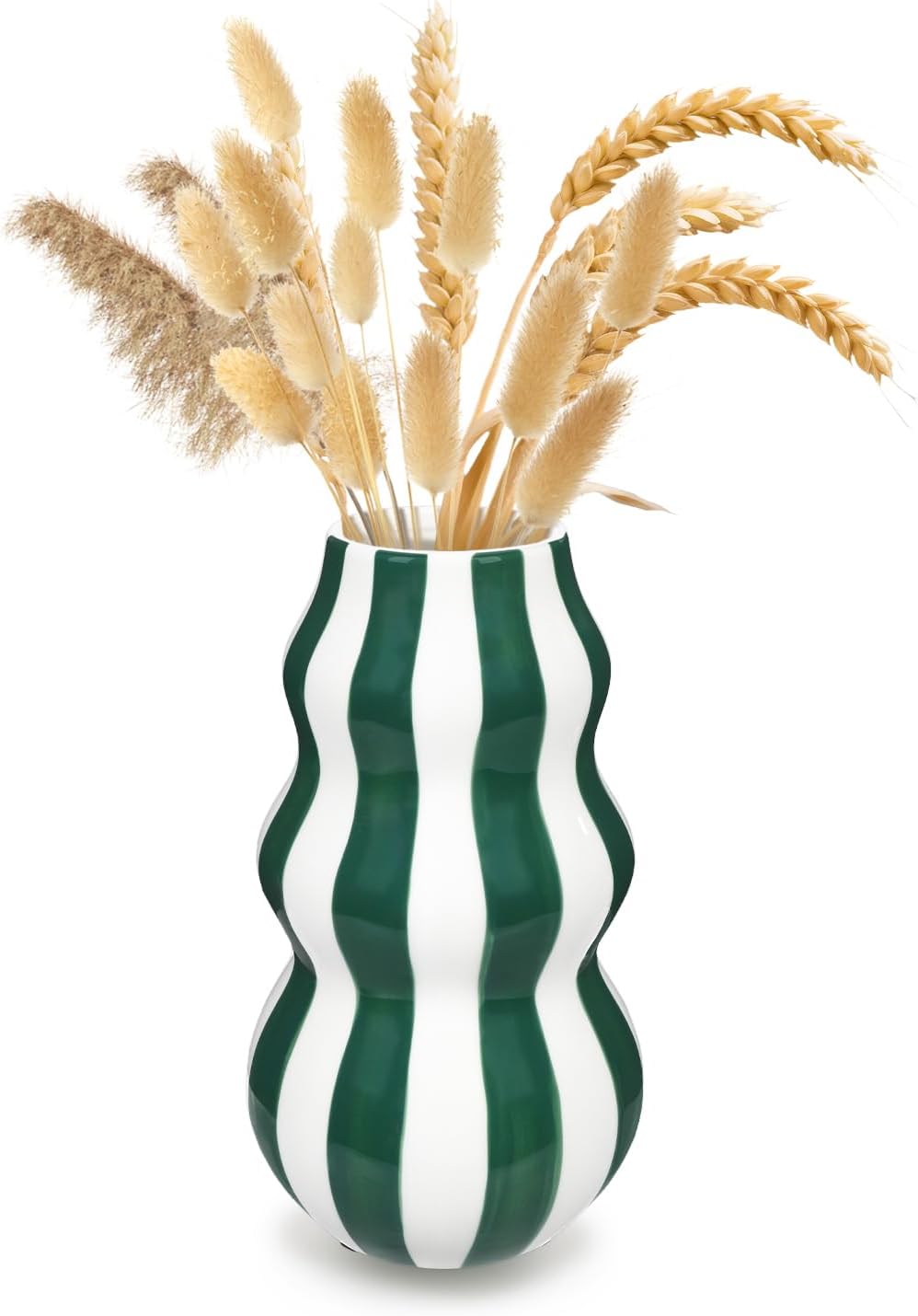 Green and White Ceramic Vase, 8.66 in Tall Modern Striped Table Centerpiece, Minimalist Decorative for Flowers, Pampas Grass, Dried Arrangements, Home Decor for Living Room, Bedroom, Office, Shelf