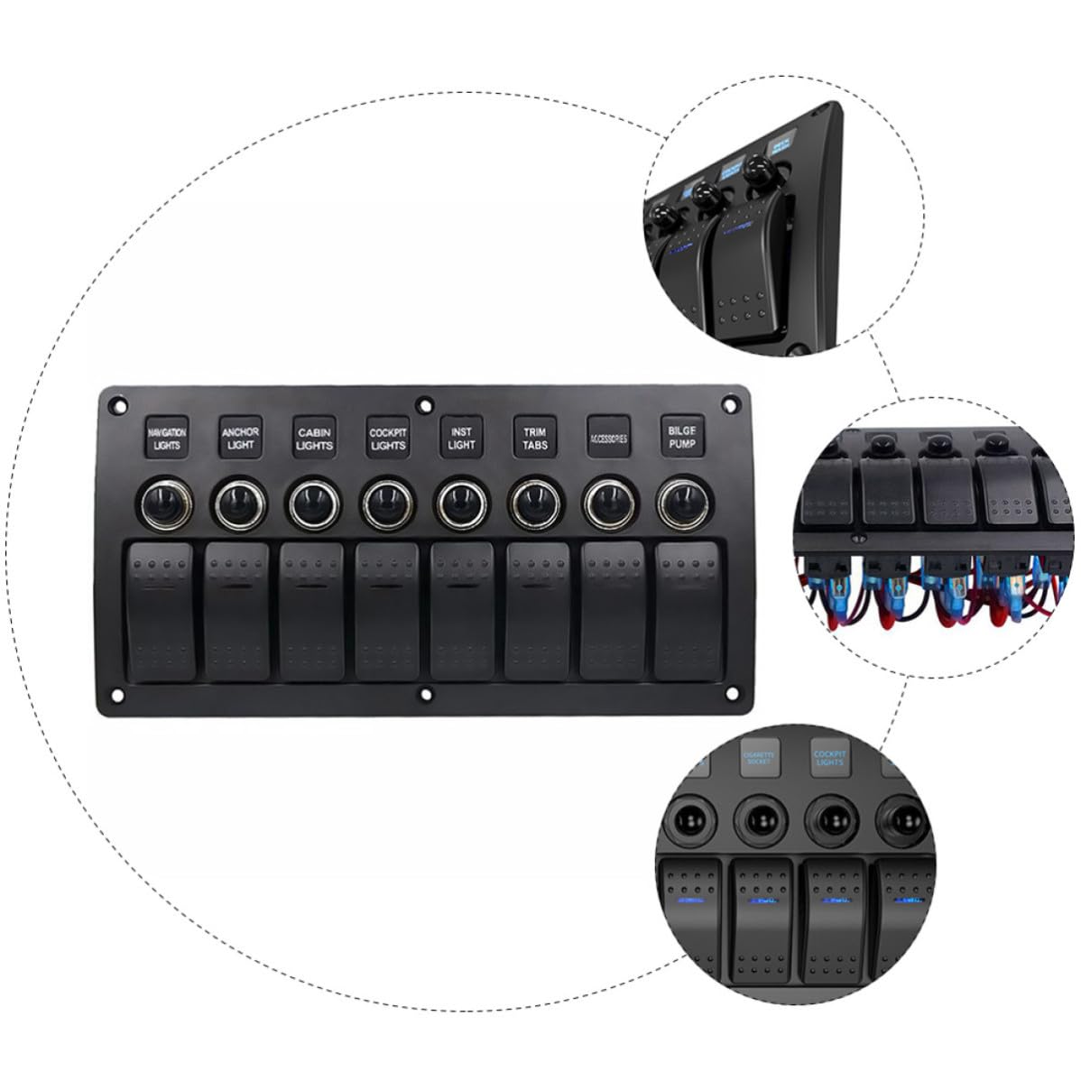 ibasenice 8 Gang Toggle Switch Panel for Vehicles and Yachts, Waterproof 8-Position Control Panel with Abs and PC Material, Compatible with Fog Lights and Car Vacuum Cleaner, Dc 12v/24v