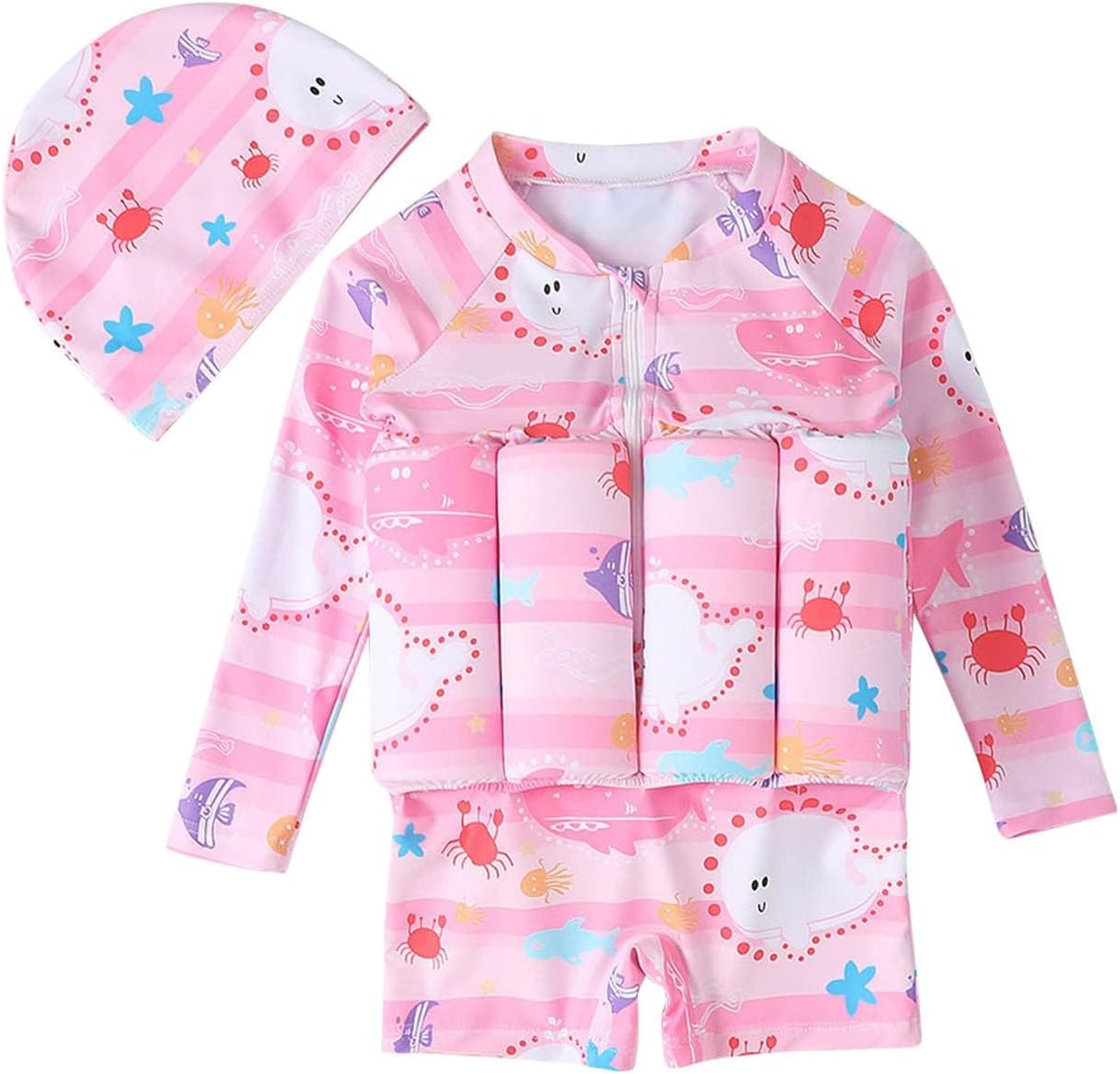 NALACAL Kids Baby One-Piece Floatation Swimsuit Float Suit with Adjustable Buoyancy Bathing Suit Cartoon Short Sleeve Swimwear Jumpsuit(3-4 Years, Pink Ocean)
