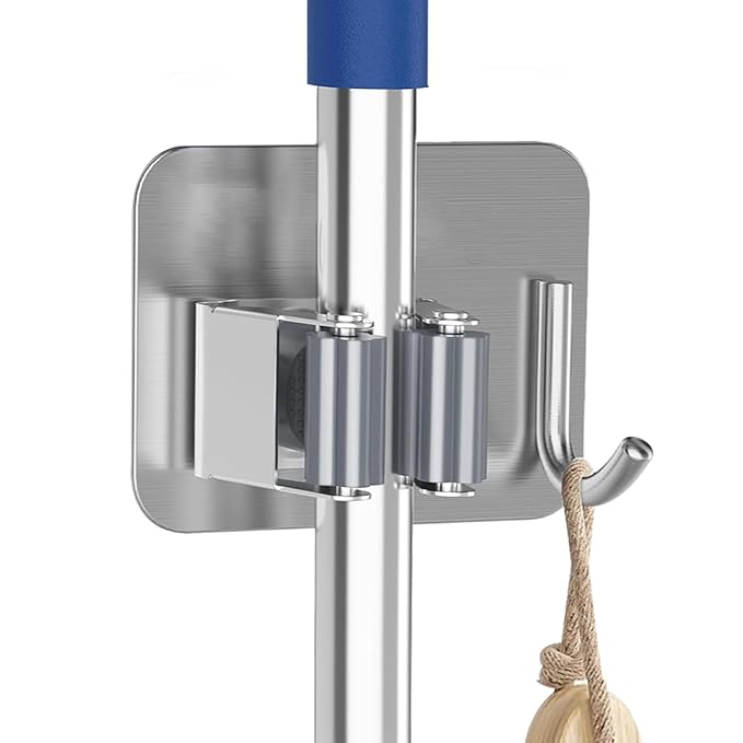 SITTELLA® Stainless Steel 1 Rack with 1 Hook Heavy Duty Wall Mounted Broom and Mop Stick Holder, Hanging Tools for Home Kitchen Garden Laundry Garage (Silver)