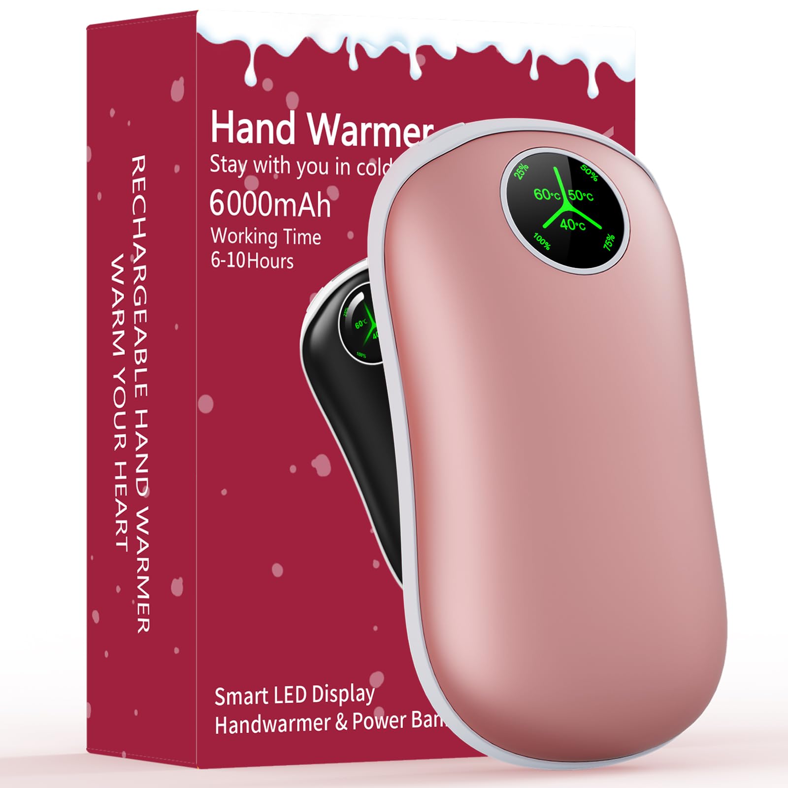Hand Warmers Rechargeable, Reusable 6000mAh Electric Hand Warmer, 3 Levels 3S Double-Sided Fast Heating and Digital Display, Slim Pocket Portable USB Hand Warmer, Gifts for Women Men Outdoors