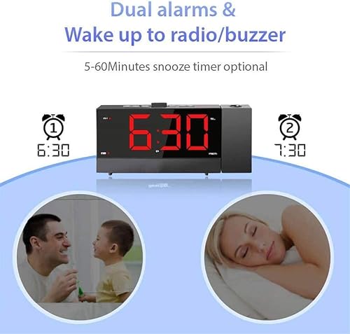 Miniatura 4 de KouRy Reloj despertador de proyección con radio FM, reloj digital con cargador de teléfono USB, fácil de usar, azul grande transparente giratorio de