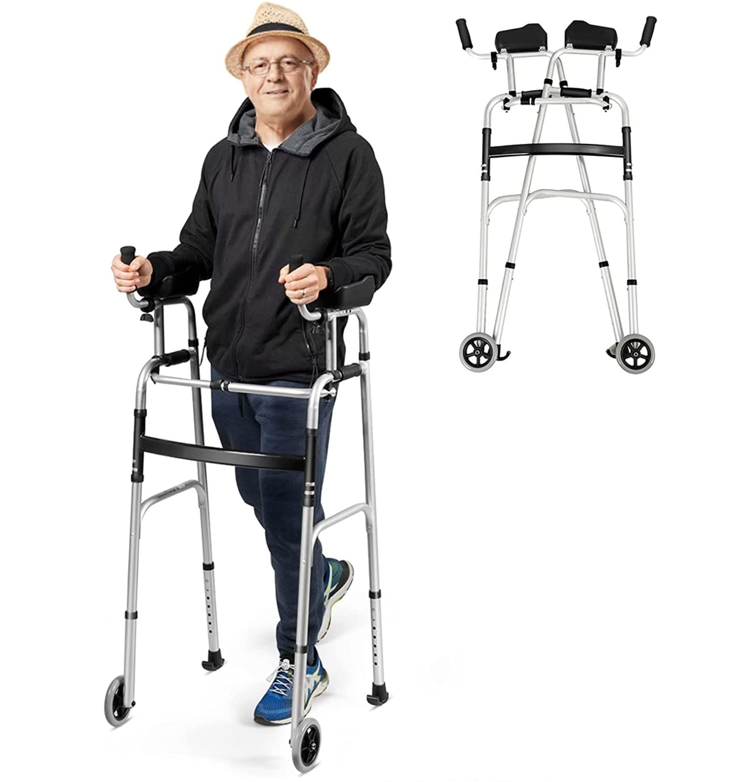 TongNS1 Walking Frame, Folding Standard Walker with Wheels and Detachable Armrest Pad, Height Adjustable Assisted Walking Aid,Suitable for the elderly and disabled A