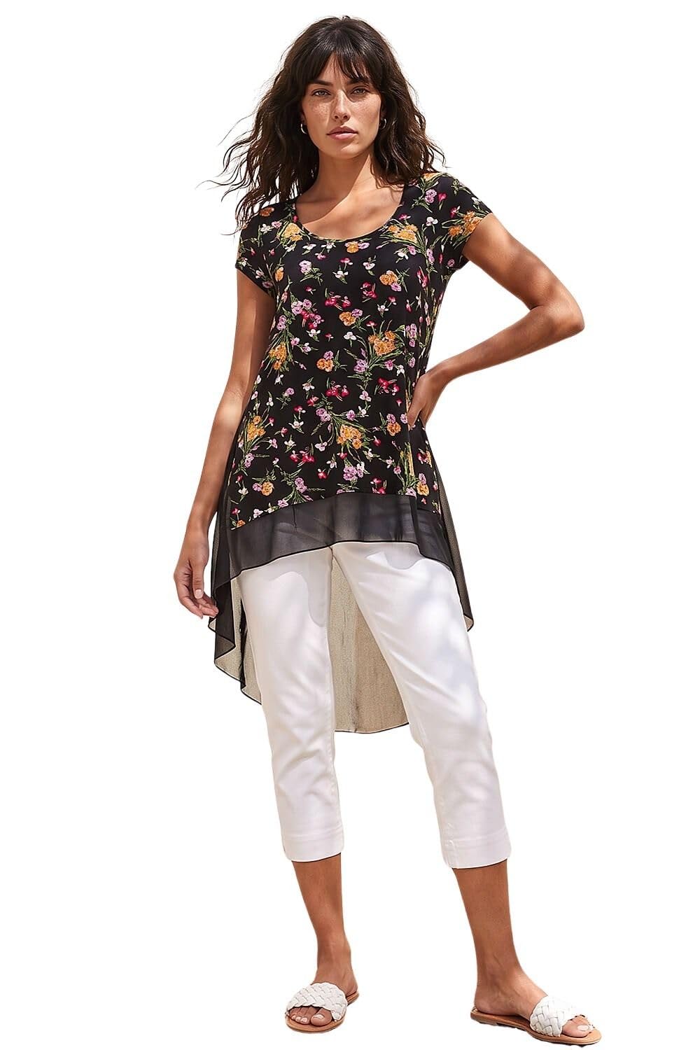 Roman Chiffon Dipped Hem Top Asymmetric Tunic for Women UK Ladies Stretchy Jersey Flared Blouse Smart Fit & Flare Form Casual Loose Longline Party Hanky Tunics - Pink Noir - Size 18