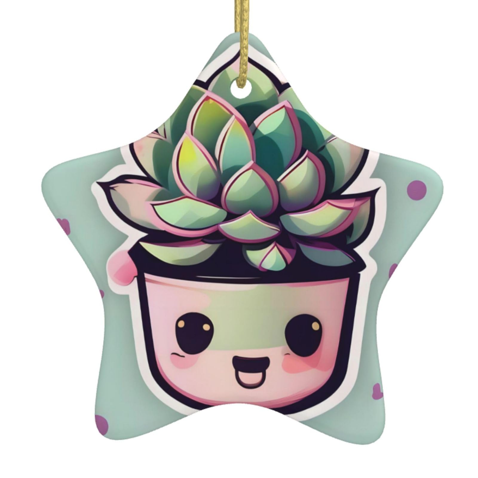 Smiling Succulents Christmas Ceramic Star Pendant with Punched Holes and Gold Wire Rope, Christmas Tree Home Decoration