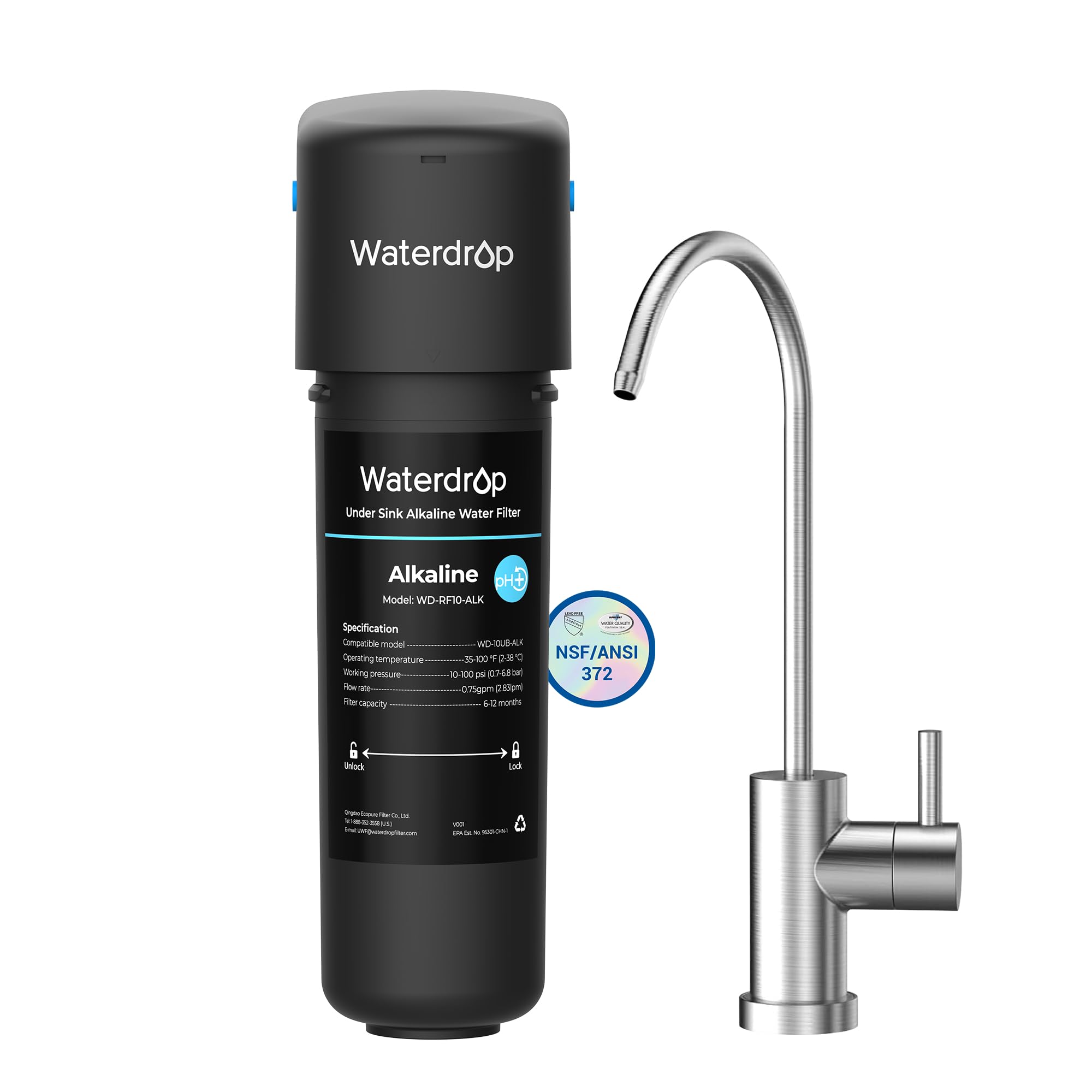 Waterdrop 10UB-ALK Alkaline Under Sink Water Filter, Reduces Chlorine, Bad Taste & Odor, 6-12 months, Under Sink Water Filter System with Faucet, Easy Installation