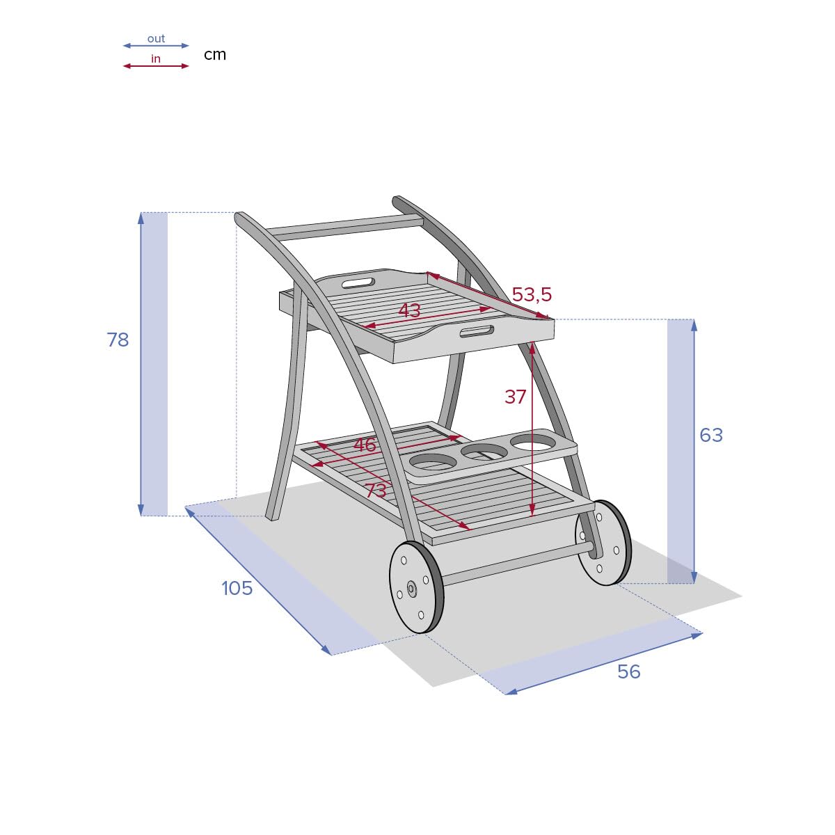 HESPERIDE - Carrito de servicio Tiwi de Madera de Acacia con ruedas - An. 78 x Pr. 56 x al. 105 cm - Mobiliario de Exterior para terraza, balcón y Patio