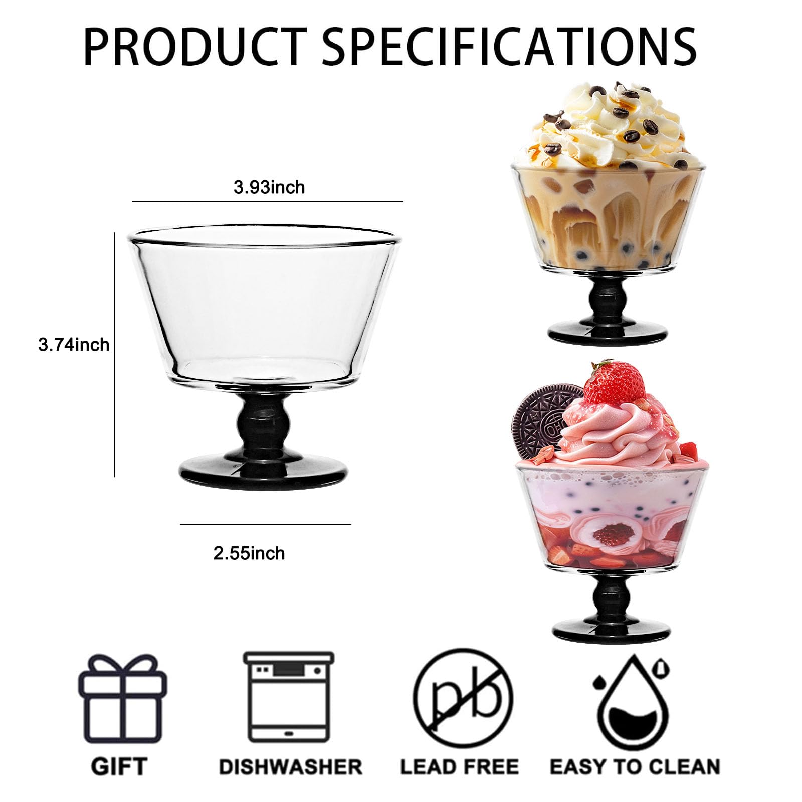 Dessertschalen aus Glas, 266 ml, Eisbecher, Dessertbecher für Eis, Obst, Pudding, kleine Snacks, Joghurt und Vorspeisen, 12 Stück