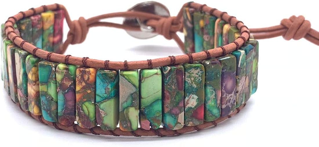 YGLINE Boho Leather Wrap Bead Bracelets for Women Girls Handmade Chakra Imperial Jasper Adjustable Healing Bracelet Bangles