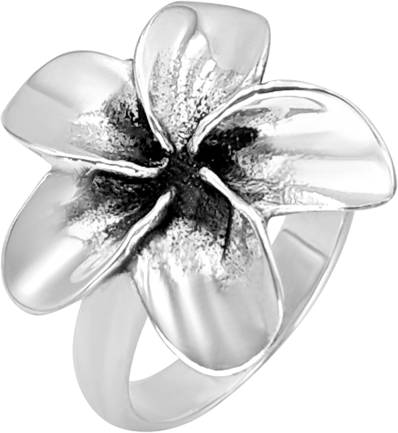 Silverly Sterling Silver Large Hawaiian Flower Ring - Statement 925 Silver Plumeria Rings for Women - Chunky Band Design - Bold Summer Jewelry - Retro Floral Cocktail Rings