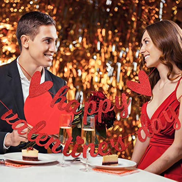 Red Glitter Happy Valentines Day Banner Valentine's Day Banner Valentines Banner Decorations for Happy Valentines Day Party Decorations