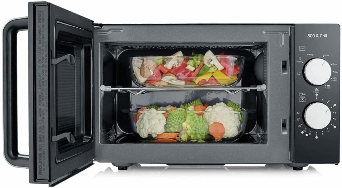SEVERIN Forno a microonde 2 in 1 con fondo in ceramica e grill, forno a microonde per scongelare e riscaldare, con grande superficie utile per stoviglie quadrate, nero/acciaio inox, MW 7762 SEVERIN Forno a microonde 2 in 1 con fondo in ceramica e grill, forno a microonde per scongelare e riscaldare, con grande superficie utile per stoviglie quadrate, nero/acciaio inox, MW 7762