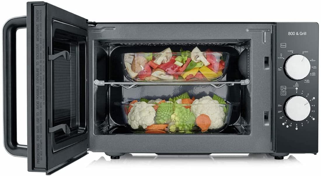 SEVERIN Forno a Microonde 2 in 1 con Grill, 20 Litri, 800W/1000W, 9 Livelli di Potenza, Fondo Piatto in Ceramica, Cottura 2 Livelli, Libera Installazione, 46,2x39,5x27 cm, Nero/Inox - MW 7762