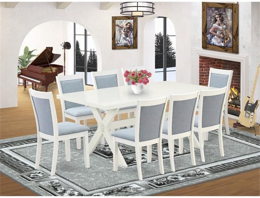 East West Furniture X027MZ015-9 9 Piece Dining Table Set Includes a Rectangle Dining Room Table with X-Legs and 8 Baby Blue Linen Fabric Upholstered Chairs, 40x72 Inch, Multi-Color