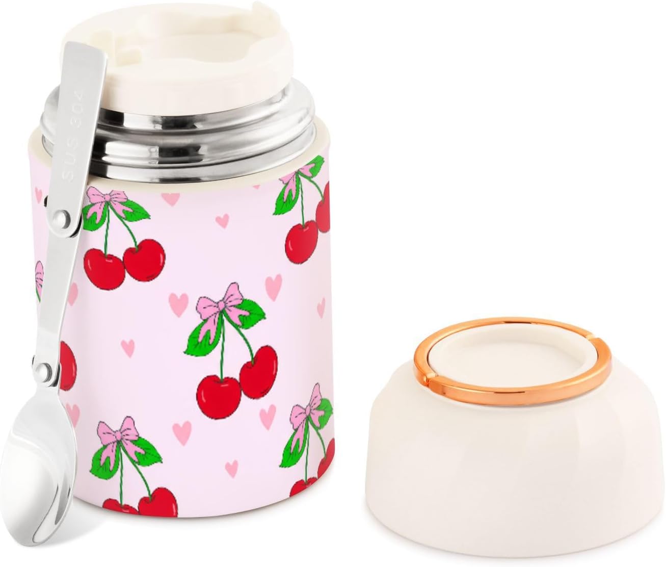 16OZ Vacuum Insulated Food Jar Vintage Bows Cherries Stainless Steel Hot Cold Food Thermo with Spoon for Kids and Adult, Lunch Container for School, Office, Picnic