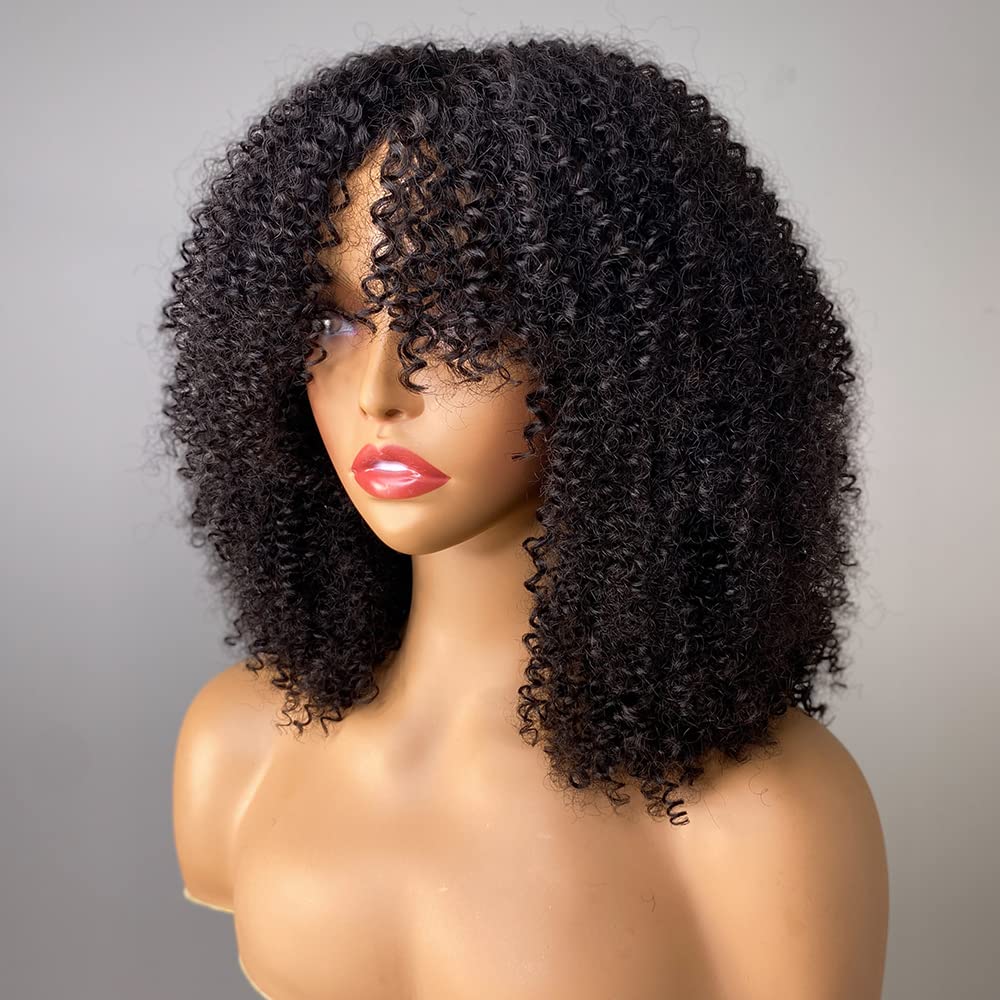 Afro Kinky Curly Bob Wig With Bangs Glueless Fringe Wig Human Hair No Lace Wig For Black Women Mongolian Hair Natural Black Color Brazilian Remy Hair 180% Density Full Machine Made Wig