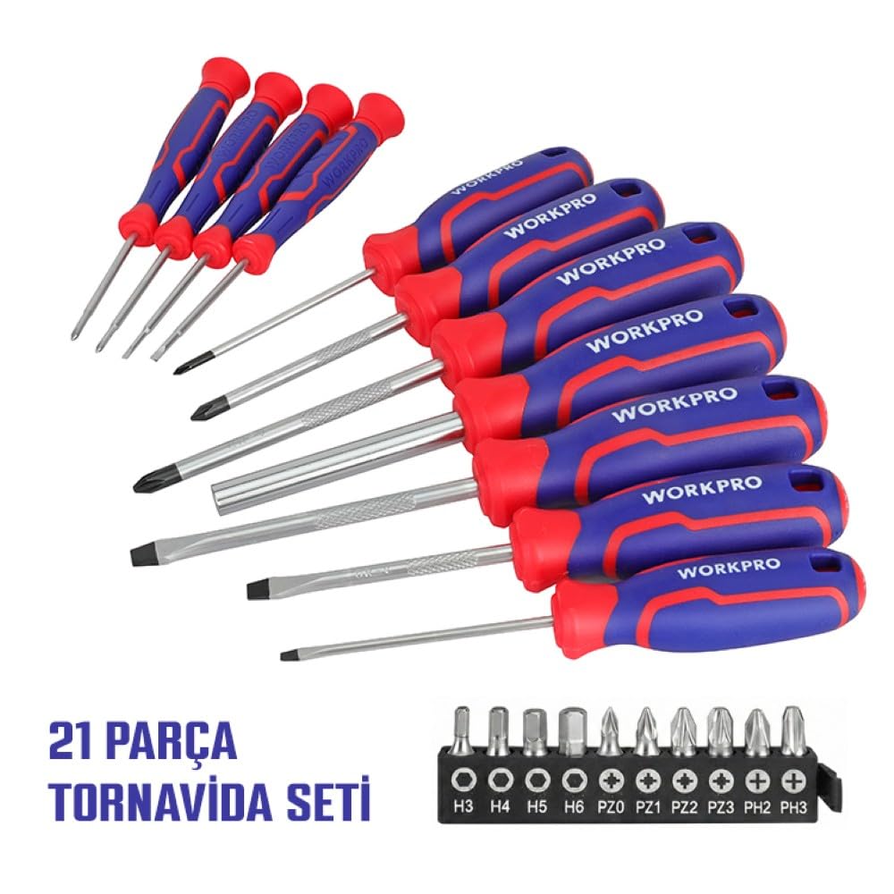 Workpro WP200551 Tornavida Seti, 21 Parça, CR-V Çelik, Manyetik, Duvar Askılı, Profesyonel