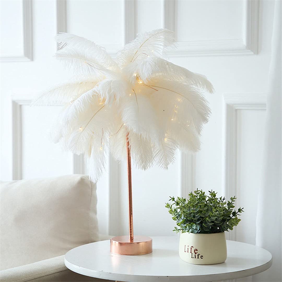 Lampe de table en plumes avec télécommande veilleuse LED USB et batterie pour déco de chambre