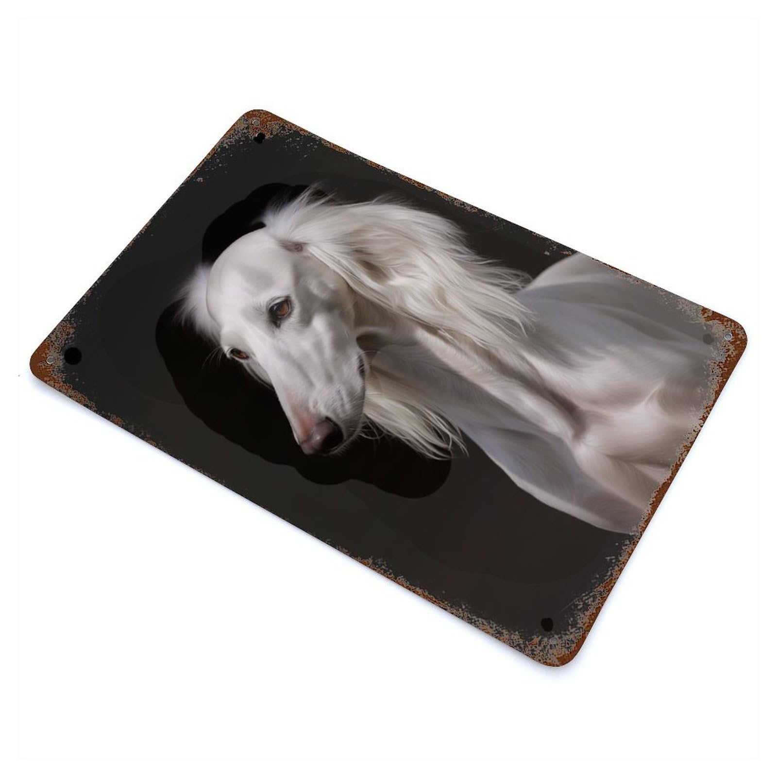 White Saluki Dog Aged Metal Wall Plaque 11.8"x7.9", Industrial Home Decor for Pub, Kitchen And Man Cave Decor